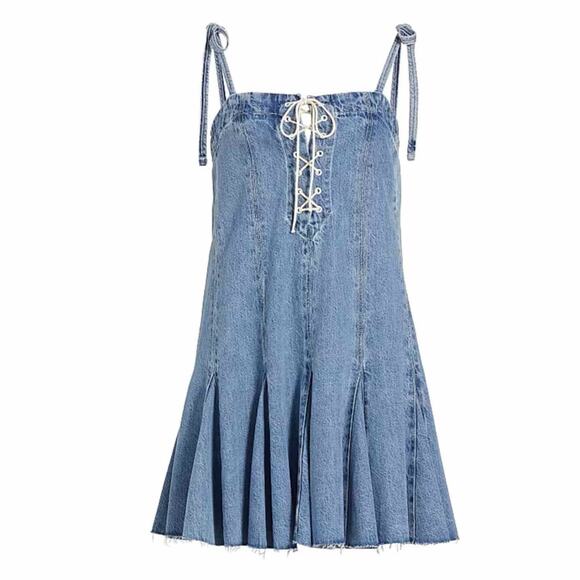 Re/done Flounce Denim Frayed Sleeveless Mini Dress Size Small Casual - Picture 1 of 15